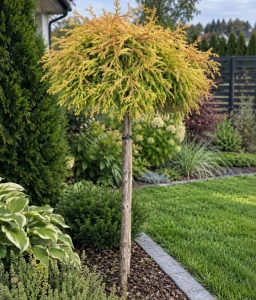 Thuja (Tuja) szczepiona Golden Tuffet na pniu w donicy