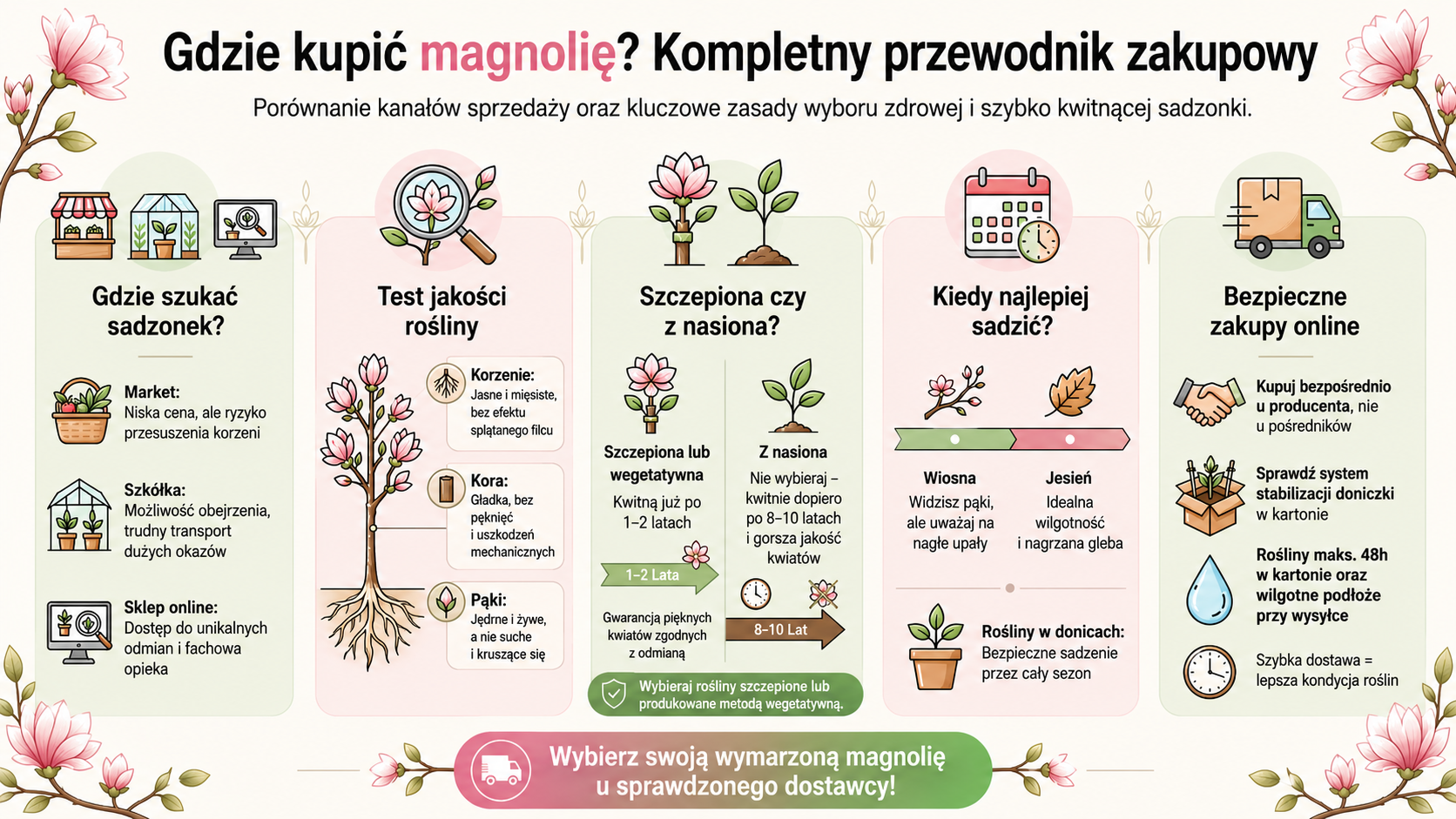 Infografika przedstawiająca poradnik zakupu magnolii – jak wybrać zdrową sadzonkę, kiedy sadzić oraz jak bezpiecznie kupować magnolie online
