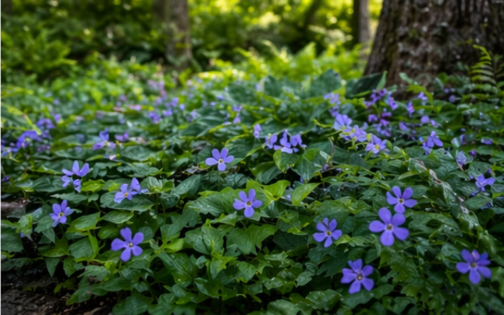 Barwinek pospolity kwitnący w ogrodzie leśnym – fioletowe kwiaty i zimozielone liście tworzące gęsty kobierzec pod drzewami.