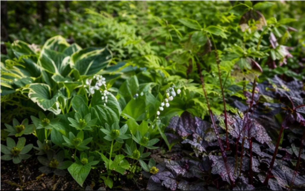 Żurawka i hosty w cienistym ogrodzie leśnym – dekoracyjne byliny o ozdobnych liściach rosnące wśród zieleni i runa leśnego.