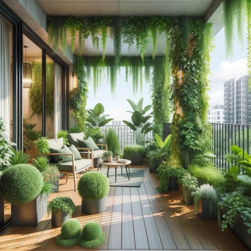 Duży balkon pełen roślin zielonych, z pnączami