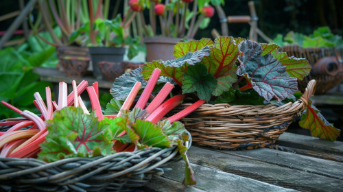Pęki rabarbaru w koszykach