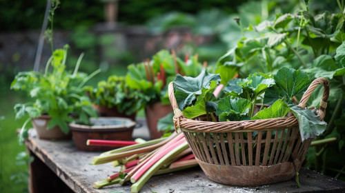 Łodygi i liście rabarbaru w wiklinowych koszach